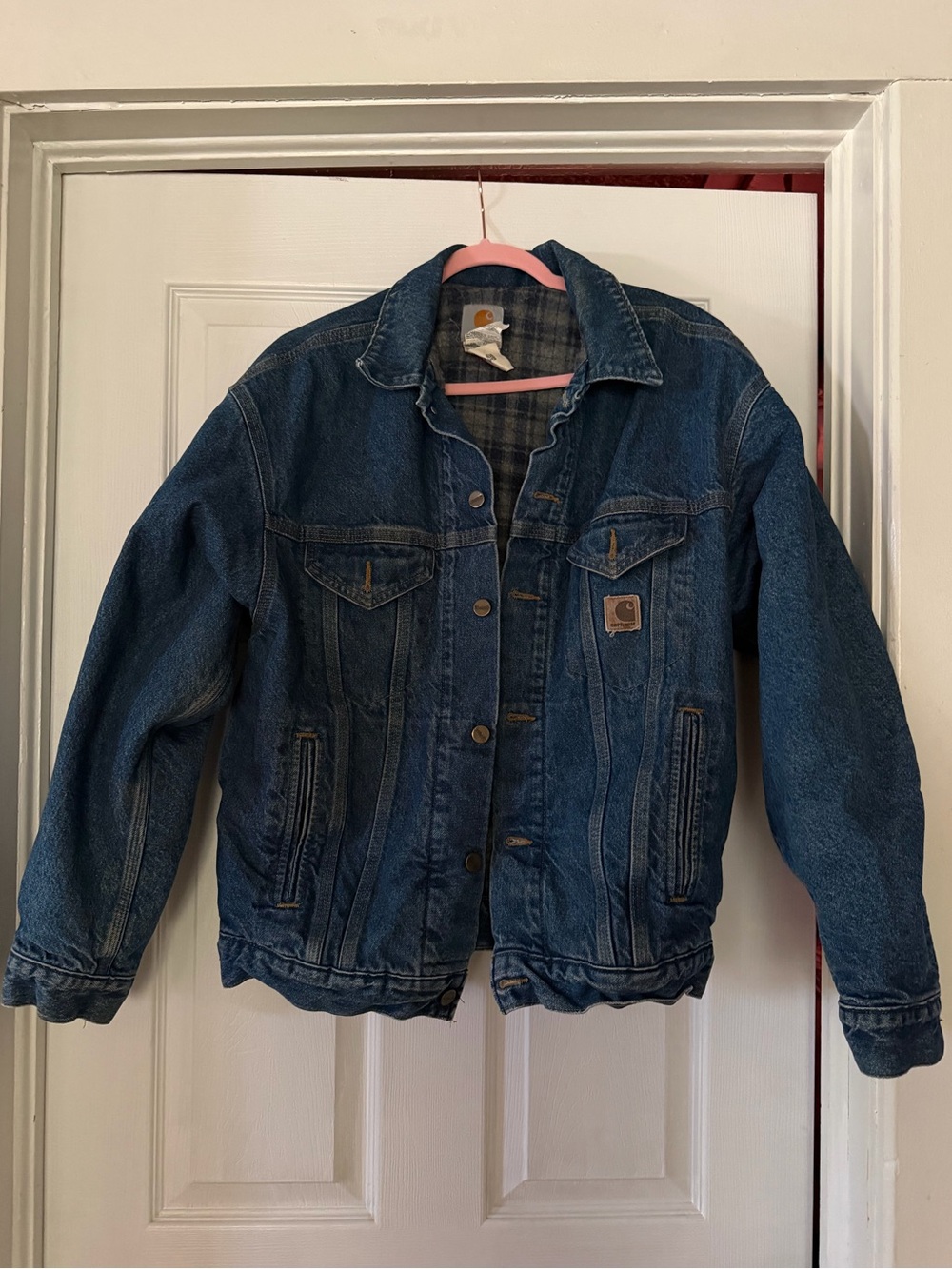 Carhartt Denim Jacket in Deep Blue with Plaid Lining.